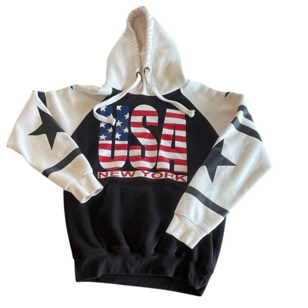 Hoodie Mens M USA New York Graphic Knight Colorblock Black White Red Vintage